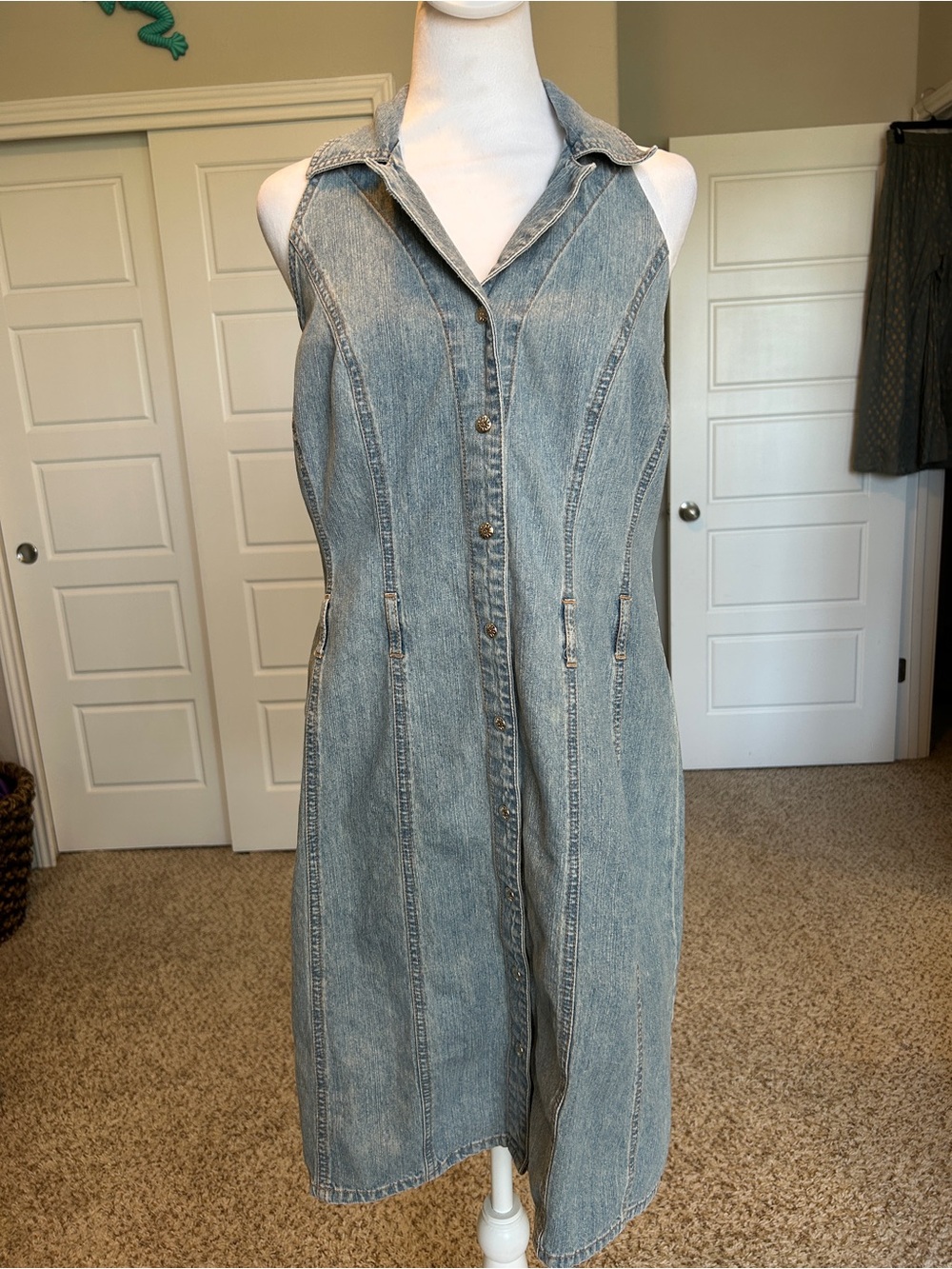French Kuff Vintage Light Wash Sleeveless Halter Denim Midi Dress Size 10